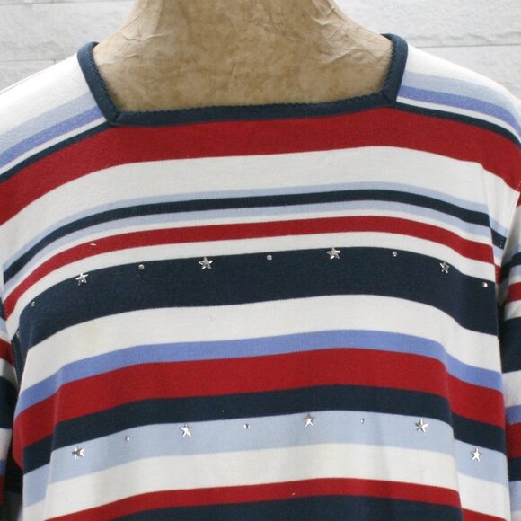 ALFRED DUNNER Sweater Patriotic Stripes Studded Red White Blue Cropped Sleeve M - Picture 3 of 14